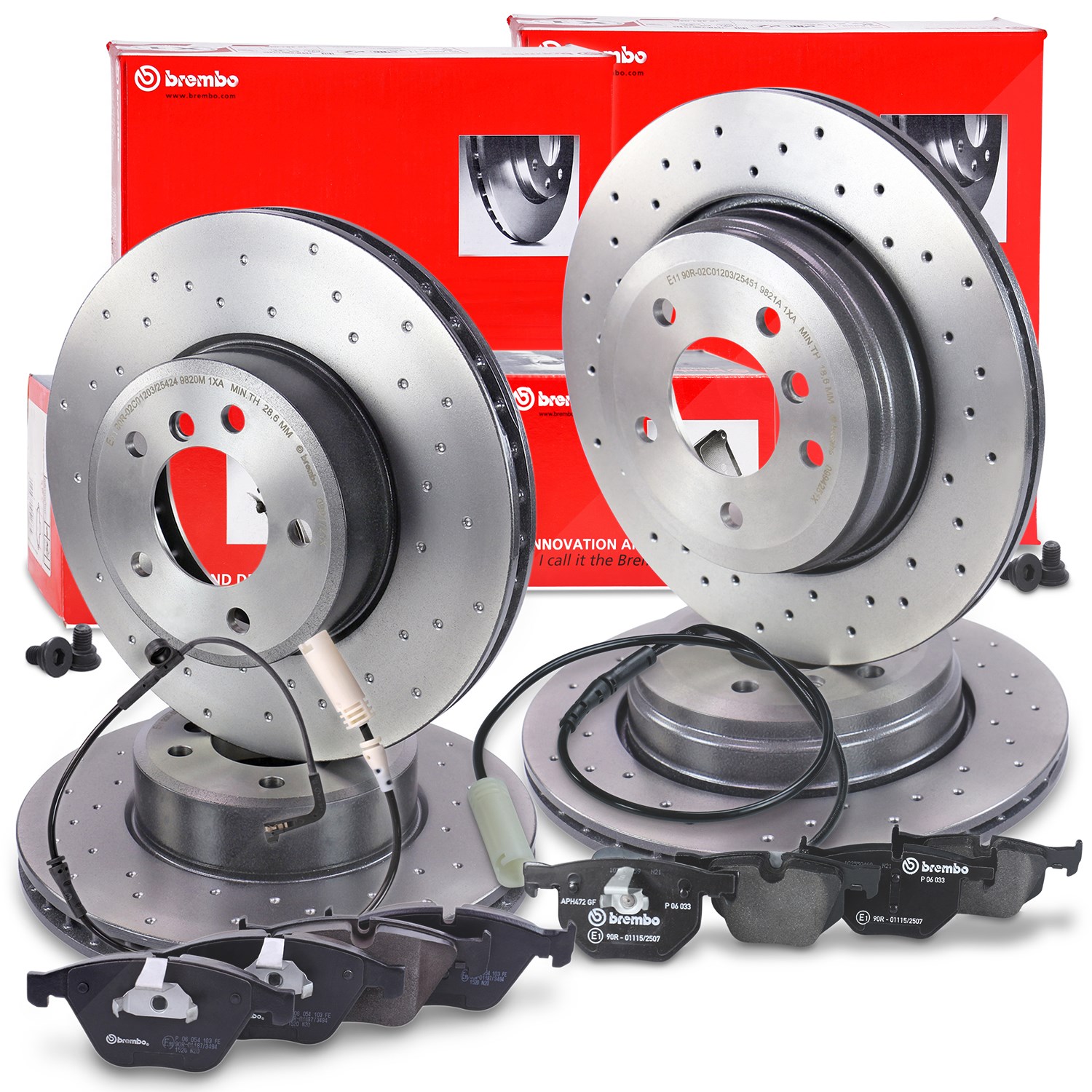 Brembo Bremsscheiben +Beläge +Warnkontakt vorne+hinten [Hersteller-Nr. 40438418] für BMW