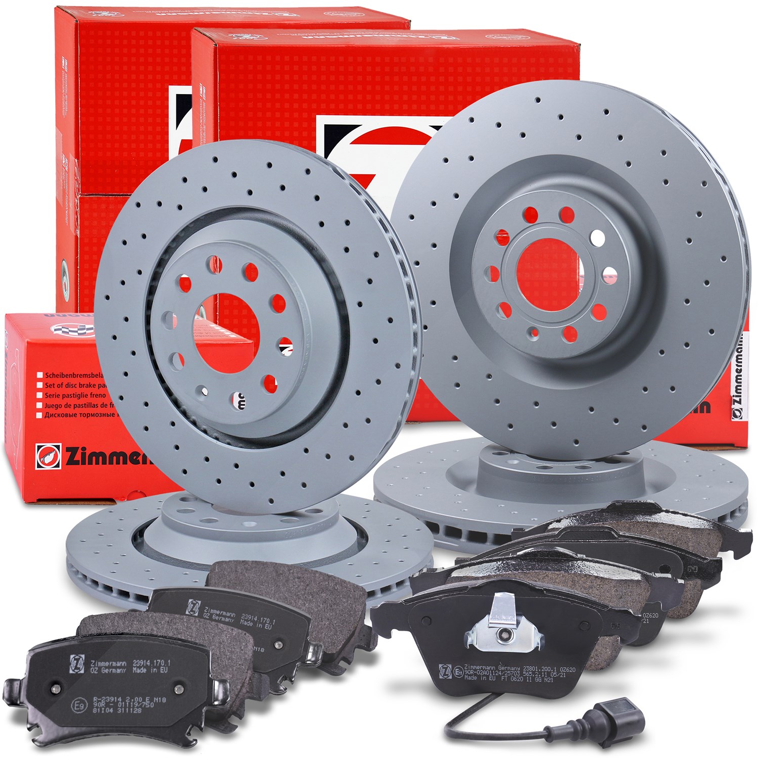 Zimmermann 4x SPORT-Scheiben+Beläge mit VWK vorne+hinten [Hersteller-Nr. 10698428] für Skoda, VW, Audi