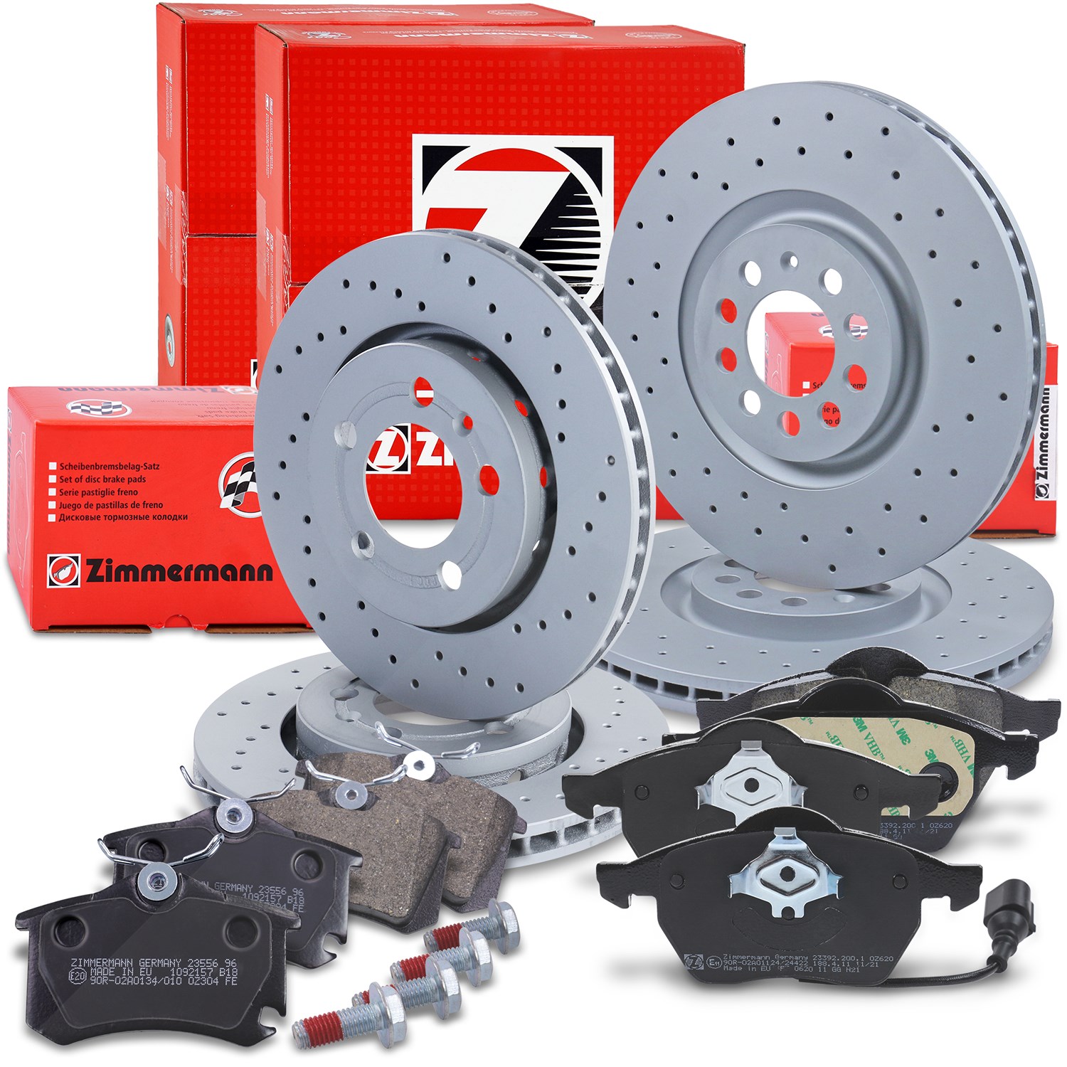 Zimmermann Sport-Bremsscheiben +Bremsbeläge vorne+hinten [Hersteller-Nr. 10698425] für Skoda, Seat, Audi, VW