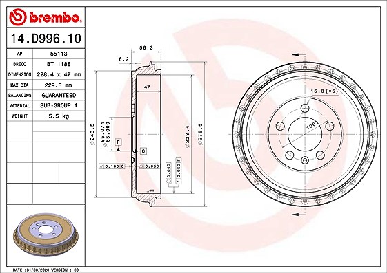 Für BREMBO 14.D996.10 Brake drum 14.D996.10 Brake drum rear fits: AUDI A1, A1 A - Bild 5