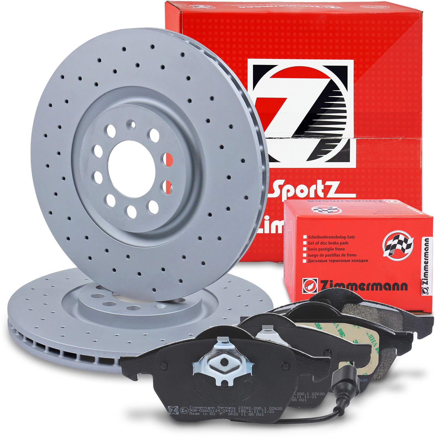 Zimmermann Sport-Bremsscheiben +Bremsbeläge mit Warnkontakt vorne [Hersteller-Nr. 10698424] für Skoda, Seat, Audi, VW