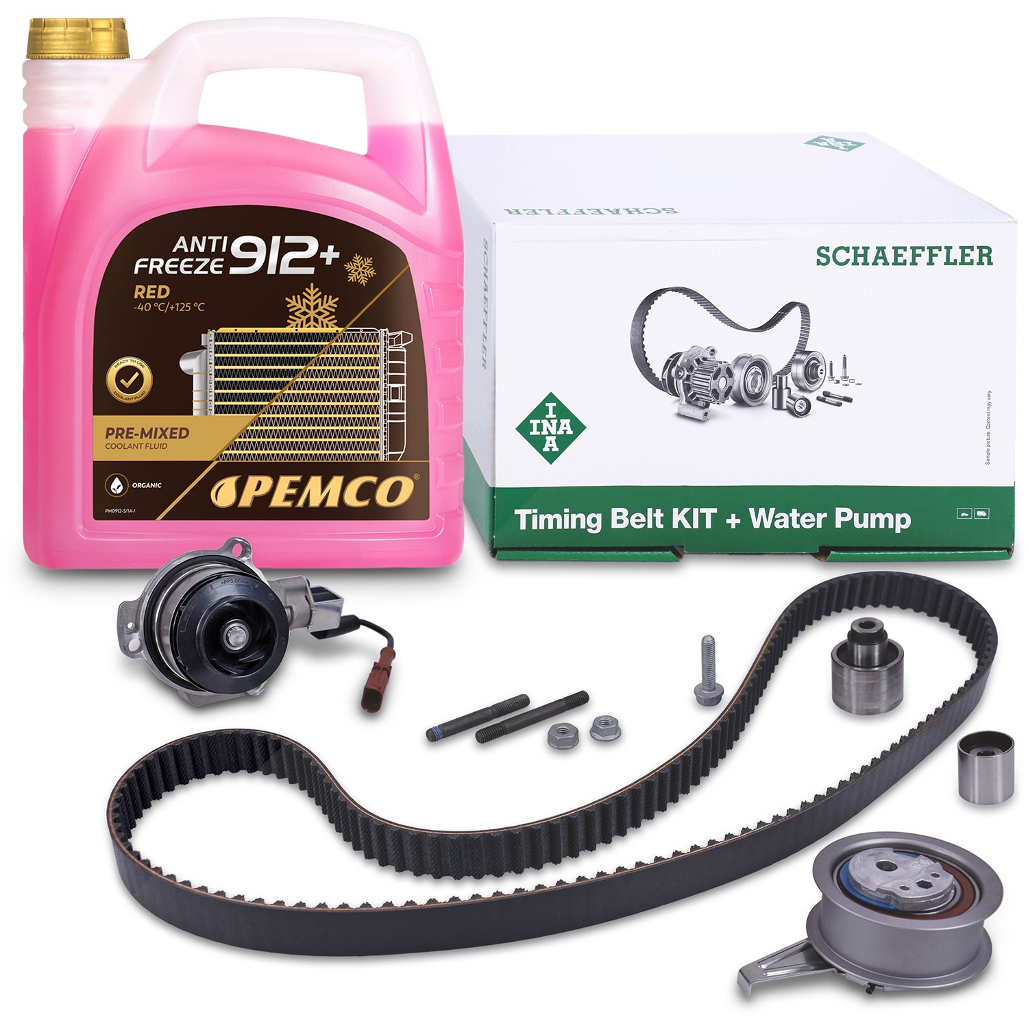 Schaeffler Ina Zahnriemensatz + Wasserpumpe + 5l Kühlerfrostschutz [Hersteller-Nr. 40483225] für Seat, VW, Skoda, Audi