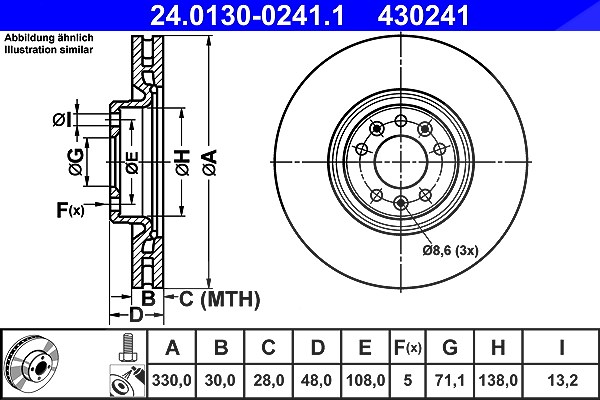 Ate 1x Bremsscheibe [Hersteller-Nr. 24.0130-0241.1] für Opel, Ds, Peugeot, Vauxhall, Citroën