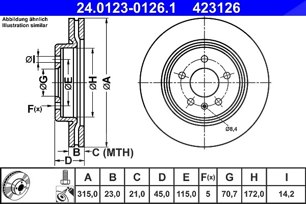 Ate 1x Bremsscheibe [Hersteller-Nr. 24.0123-0126.1] für Opel, Vauxhall