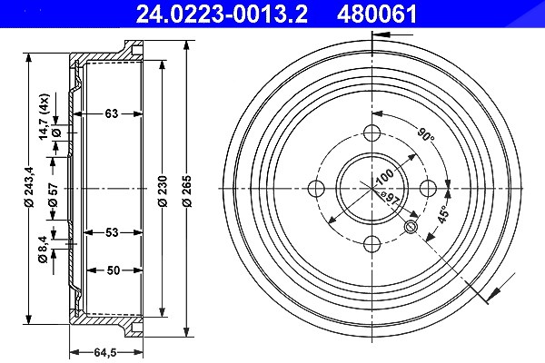 Ate Bremstrommel [Hersteller-Nr. 24.0223-0013.2] für Vauxhall, Opel