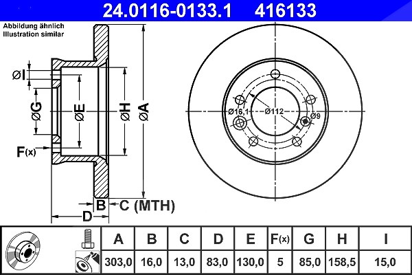 Ate 1x Bremsscheibe [Hersteller-Nr. 24.0116-0133.1] für Puch, Mercedes-Benz