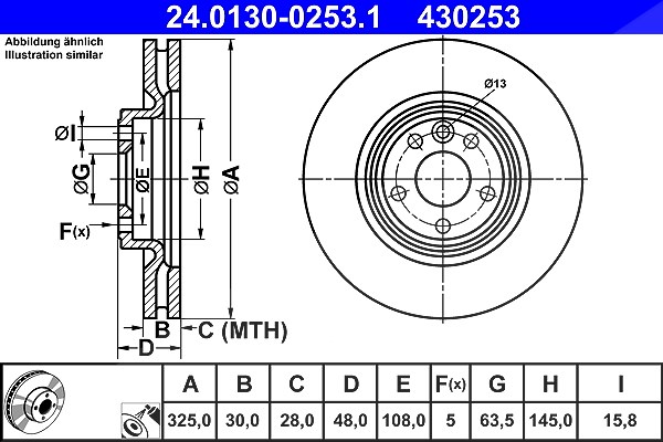 Ate 1x Bremsscheibe [Hersteller-Nr. 24.0130-0253.1] für Jaguar, Land Rover