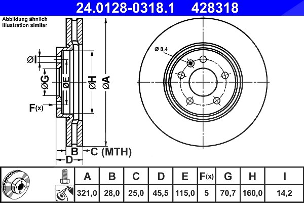 Ate 1x Bremsscheibe [Hersteller-Nr. 24.0128-0318.1] für Opel, Vauxhall