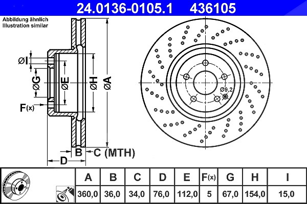 Ate 1x Bremsscheibe [Hersteller-Nr. 24.0136-0105.1] für Mercedes-Benz