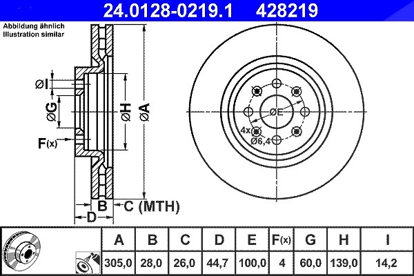Ate 1x Bremsscheibe [Hersteller-Nr. 24.0128-0219.1] für Abarth