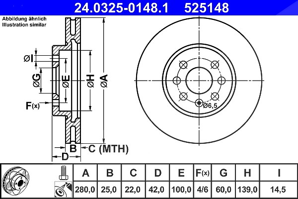 Ate Bremsscheibe Vorderachse Belüftet [Hersteller-Nr. 24.0325-0148.1] für Opel, Vauxhall