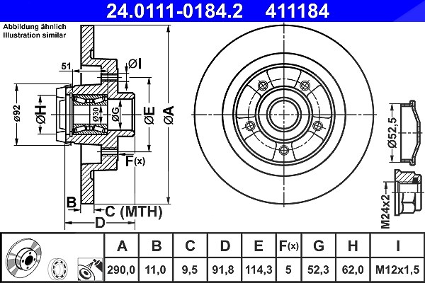 Ate 1x Bremsscheibe [Hersteller-Nr. 24.0111-0184.2] für Renault