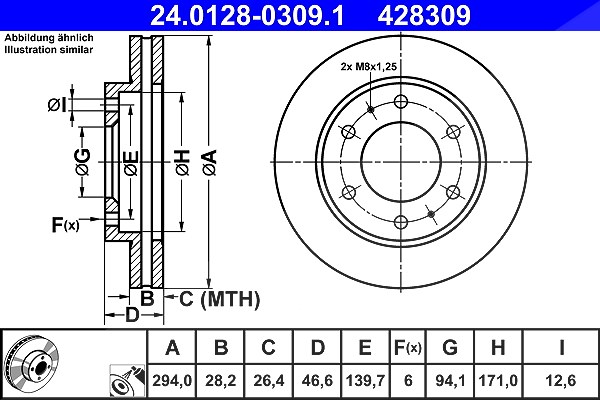 Ate 1x Bremsscheibe [Hersteller-Nr. 24.0128-0309.1] für Fiat, Mitsubishi