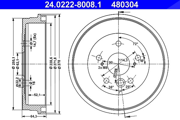 Ate Bremstrommel [Hersteller-Nr. 24.0222-8008.1] für Toyota