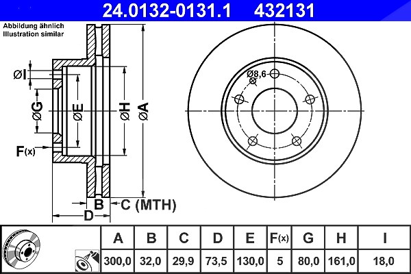 Ate 1x Bremsscheibe Vorderachse Belüftet [Hersteller-Nr. 24.0132-0131.1] für Peugeot, Citroën, Fiat