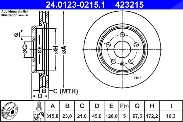 Ate 1x Bremsscheibe [Hersteller-Nr. 24.0123-0215.1] für Vauxhall, Opel