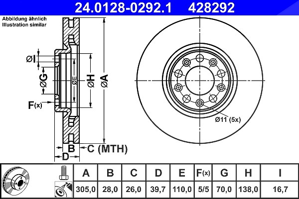Ate 1x Bremsscheibe [Hersteller-Nr. 24.0128-0292.1] für Alfa Romeo, Jeep, Fiat