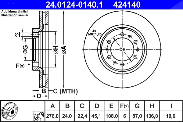 Ate Bremsscheibe [Hersteller-Nr. 24.0124-0140.1] für Mitsubishi