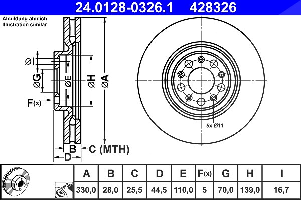 Ate 1x Bremsscheibe [Hersteller-Nr. 24.0128-0326.1] für Alfa Romeo