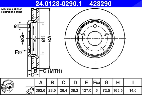 Ate 1x Bremsscheibe Vorderachse Belüftet [Hersteller-Nr. 24.0128-0290.1] für Chrysler, Fiat