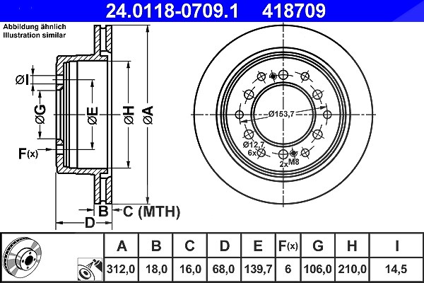 Ate Bremsscheibe Hinterachse Belüftet [Hersteller-Nr. 24.0118-0709.1] für Toyota, Lexus