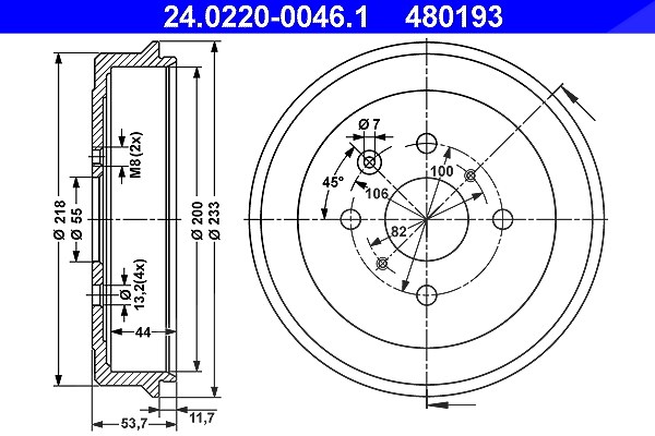 Ate Bremstrommel Hinterachse [Hersteller-Nr. 24.0220-0046.1] für Citroën, Toyota, Peugeot