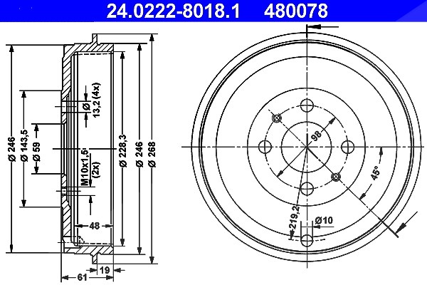 Ate Bremstrommel [Hersteller-Nr. 24.0222-8018.1] für Peugeot, Alfa Romeo, Citroën, Lancia, Fiat