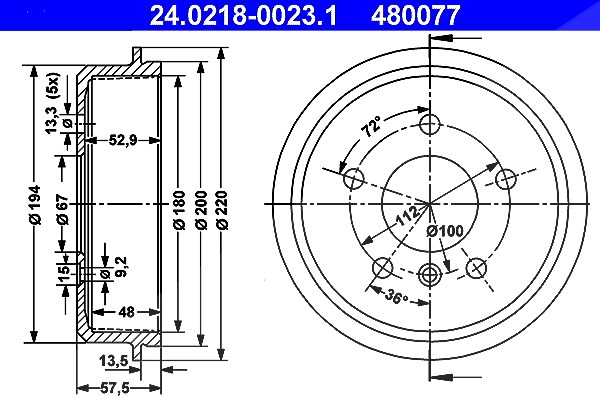 Ate Bremstrommel [Hersteller-Nr. 24.0218-0023.1] für Mercedes-Benz