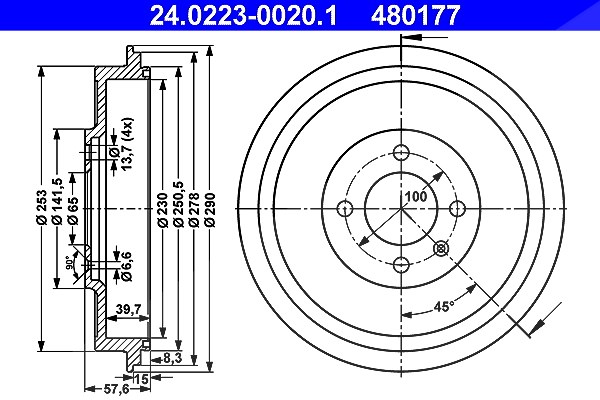 Ate Bremstrommel [Hersteller-Nr. 24.0223-0020.1] für VW, Seat