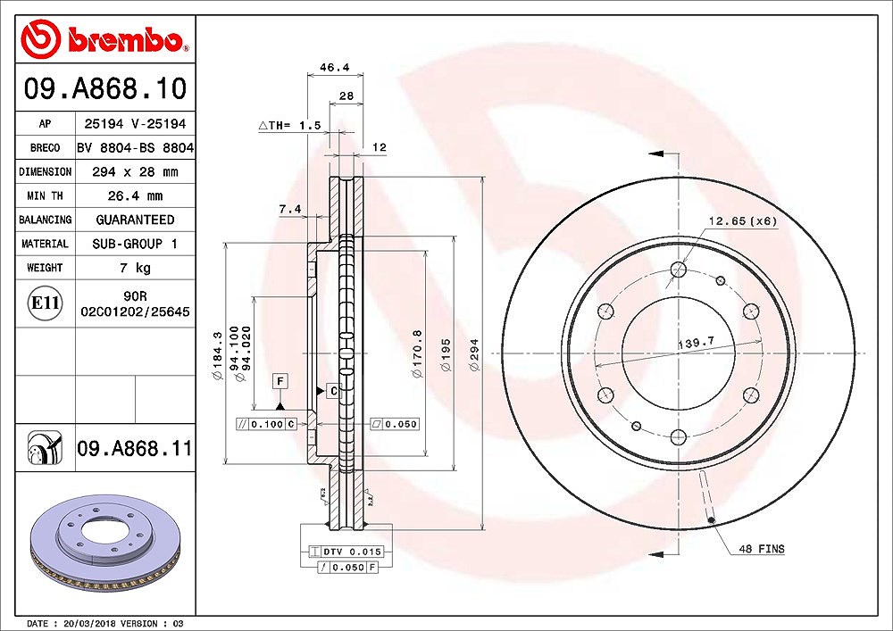 Brembo Bremsscheibe [Hersteller-Nr. 09.A868.11] für Mitsubishi, Fiat