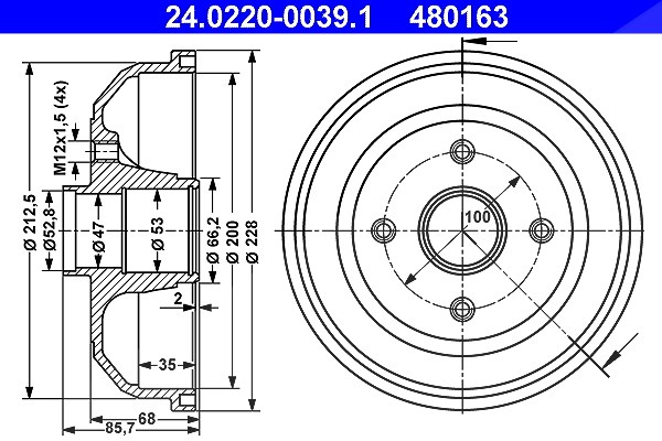 Ate Bremstrommel Hinterachse ohne Radlager [Hersteller-Nr. 24.0220-0039.1] für Opel, Vauxhall