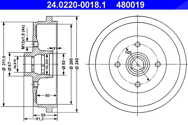 Ate Bremstrommel Hinterachse [Hersteller-Nr. 24.0220-0018.1] für Seat, Audi, Skoda, VW