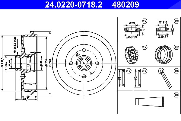 Ate Bremstrommel Hinterachse [Hersteller-Nr. 24.0220-0718.2] für Audi, VW, Seat, Skoda