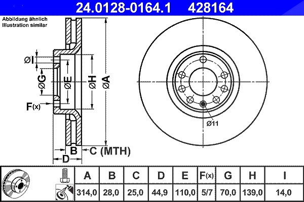 Ate 1x Bremsscheibe [Hersteller-Nr. 24.0128-0164.1] für Vauxhall, Saab, Opel