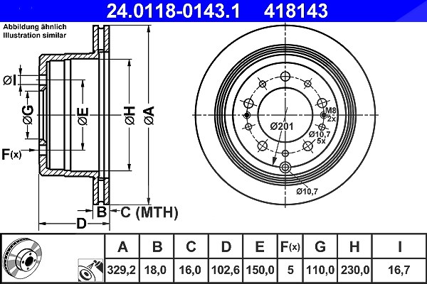 Ate 1x Bremsscheibe [Hersteller-Nr. 24.0118-0143.1] für Toyota, Lexus