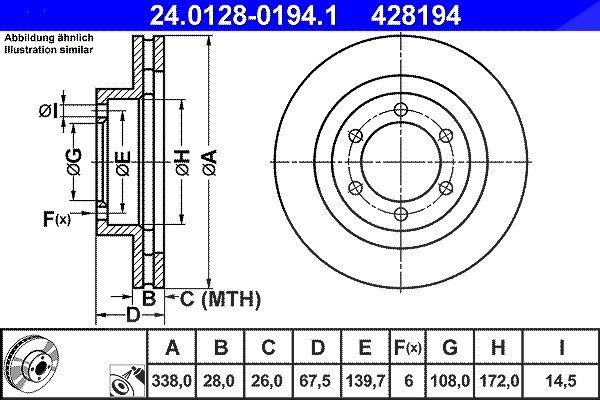 Ate 1x Bremsscheibe Vorderachse Belüftet [Hersteller-Nr. 24.0128-0194.1] für Toyota, Lexus