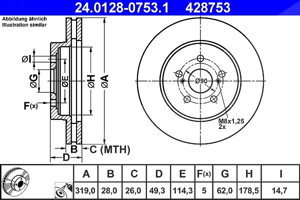 Ate 1x Bremsscheibe [Hersteller-Nr. 24.0128-0753.1] für Toyota, Lexus