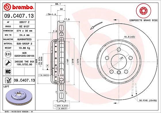 Brembo 1x Bremsscheibe belüftet vorne links [Hersteller-Nr. 09.C407.13] für BMW
