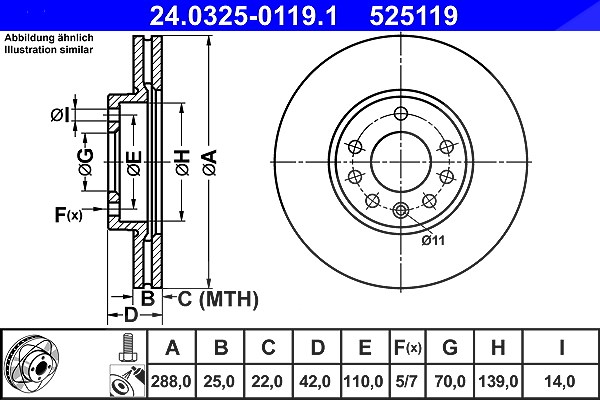 Ate Bremsscheibe [Hersteller-Nr. 24.0325-0119.1] für Saab, Vauxhall, Opel, Chevrolet
