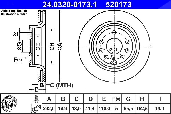 Ate Bremsscheibe Hinterachse Belüftet [Hersteller-Nr. 24.0320-0173.1] für Opel, Fiat, Vauxhall, Saab