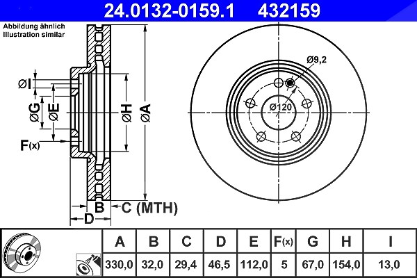 Ate 1x Bremsscheibe Vorderachse belüftet [Hersteller-Nr. 24.0132-0159.1] für Mercedes-Benz, Chrysler
