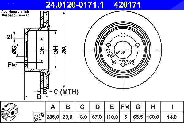 Ate Bremsscheibe Hinterachse Belüftet [Hersteller-Nr. 24.0120-0171.1] für Vauxhall, Opel