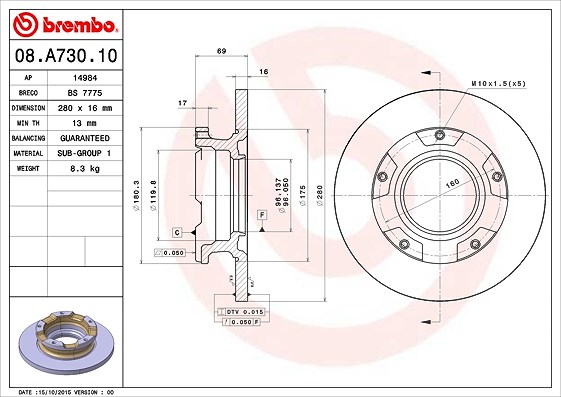Brembo Bremsscheibe Hinterachse voll [Hersteller-Nr. 08.A730.10] für Ford