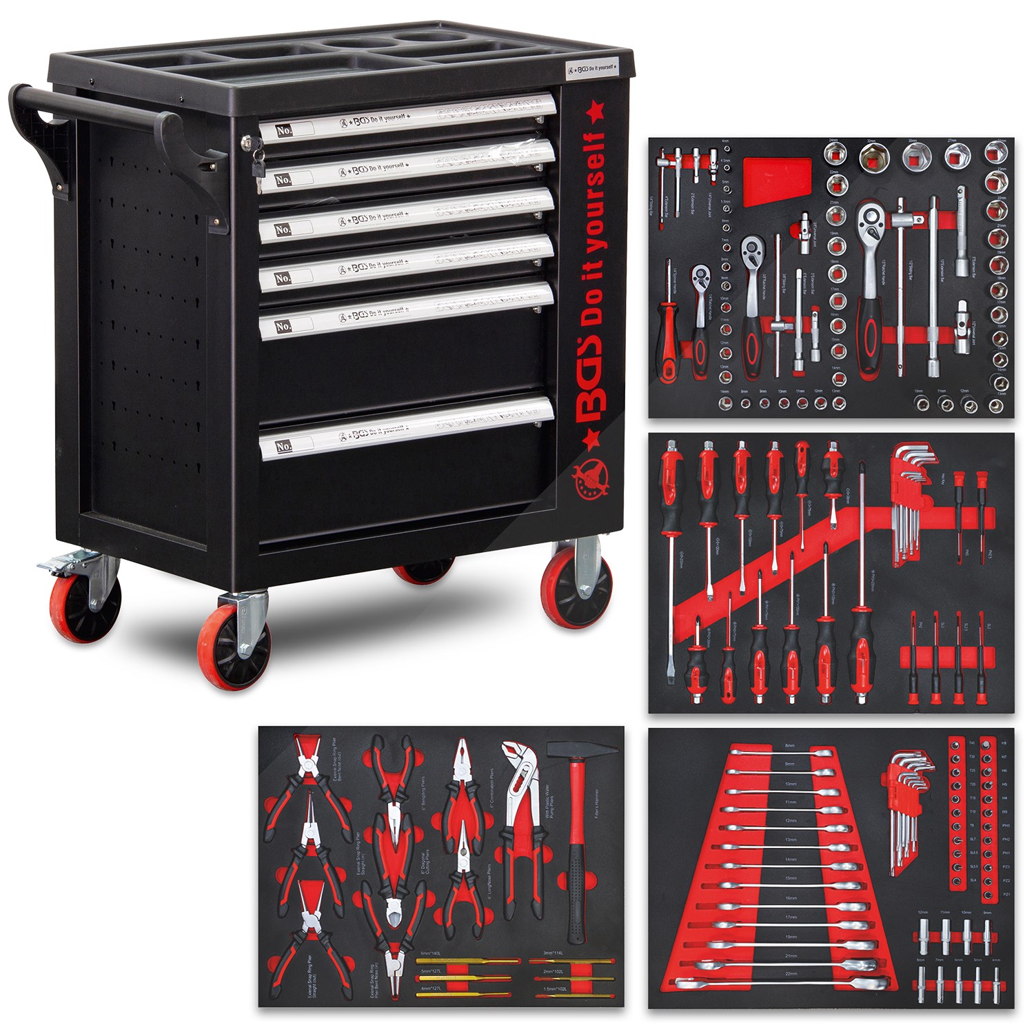 Bgs Do It Yourself Werkzeugwagen mit 158 Werkzeugen, 6 Schubladen, 1 Seitentür [Hersteller-Nr. 6055]