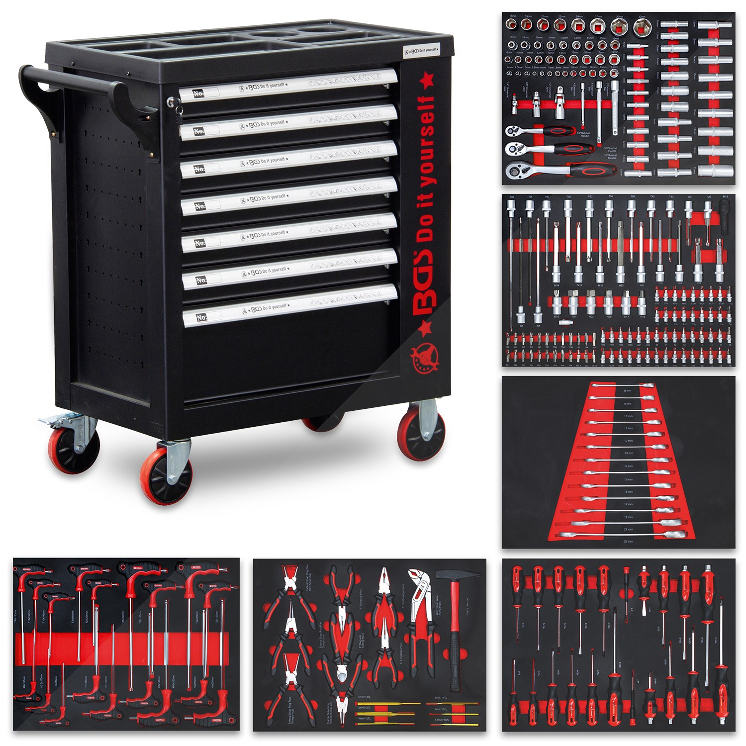 Bgs Do It Yourself Werkzeugwagen mit 250 Werkzeugen, 7 Schubladen, 1 Seitentür [Hersteller-Nr. 6058]