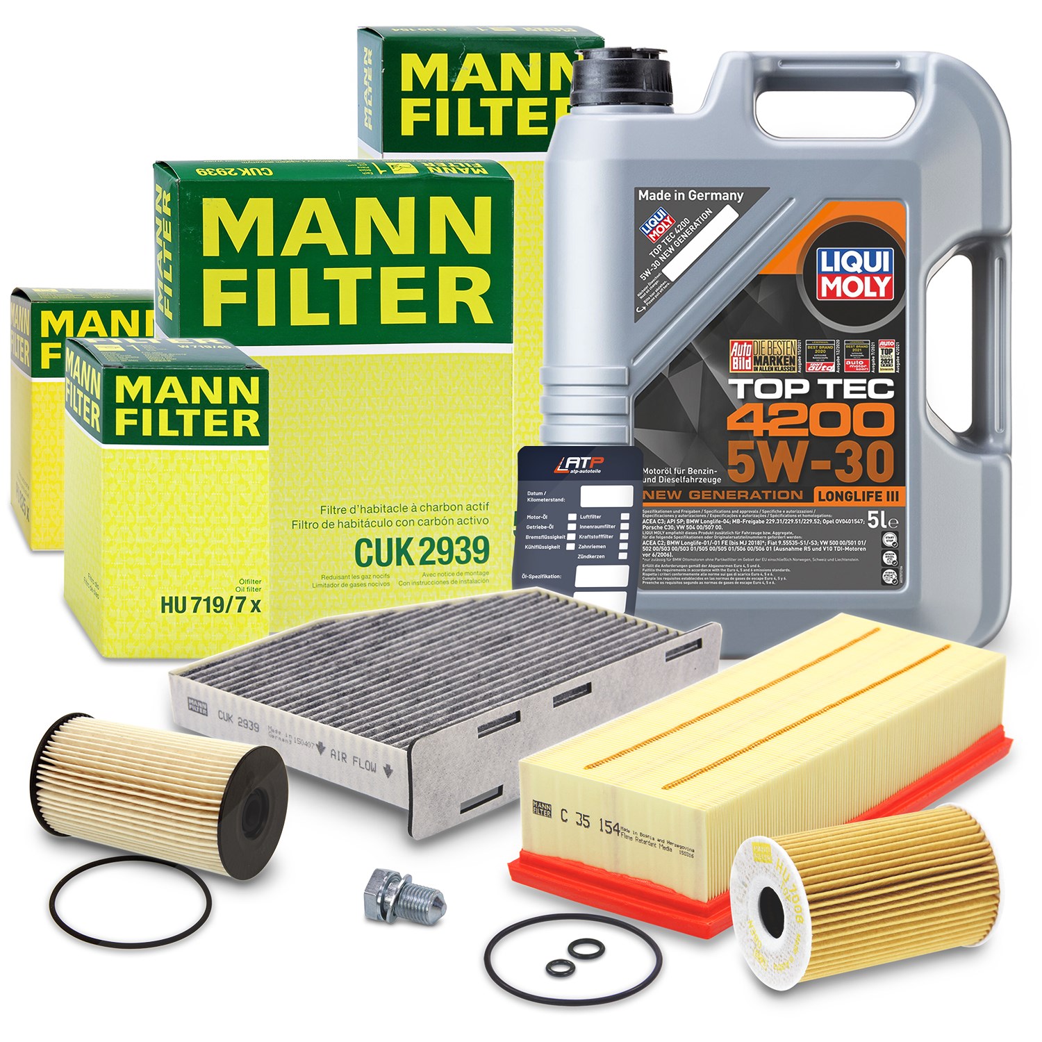 Mann-filter Inspektionspaket B + 5l 5W-30 Motoröl [Hersteller-Nr. 40511278] für Skoda, Seat, Audi, VW