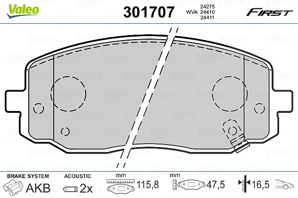 Valeo Bremsbelagsatz, Scheibenbremse [Hersteller-Nr. 301707] für Hyundai, Kia