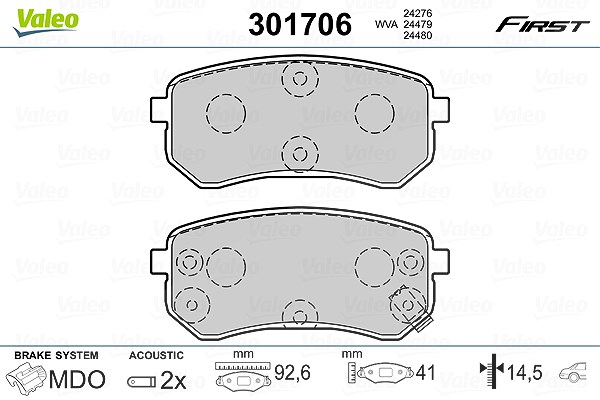 Valeo Bremsbelagsatz, Scheibenbremse [Hersteller-Nr. 301706] für Hyundai, Kia