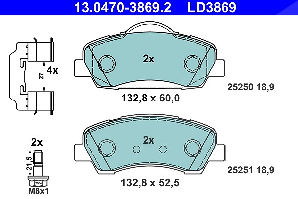 Ate CERAMIC Bremsbelagsatz vorne [Hersteller-Nr. 13.0470-3869.2] für Peugeot