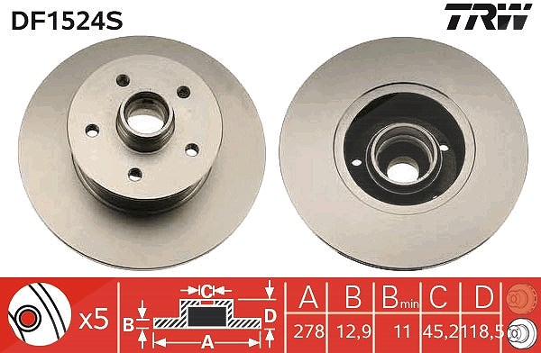 Trw 1x Bremsscheibe Vorderachse Voll [Hersteller-Nr. DF1524S] für VW